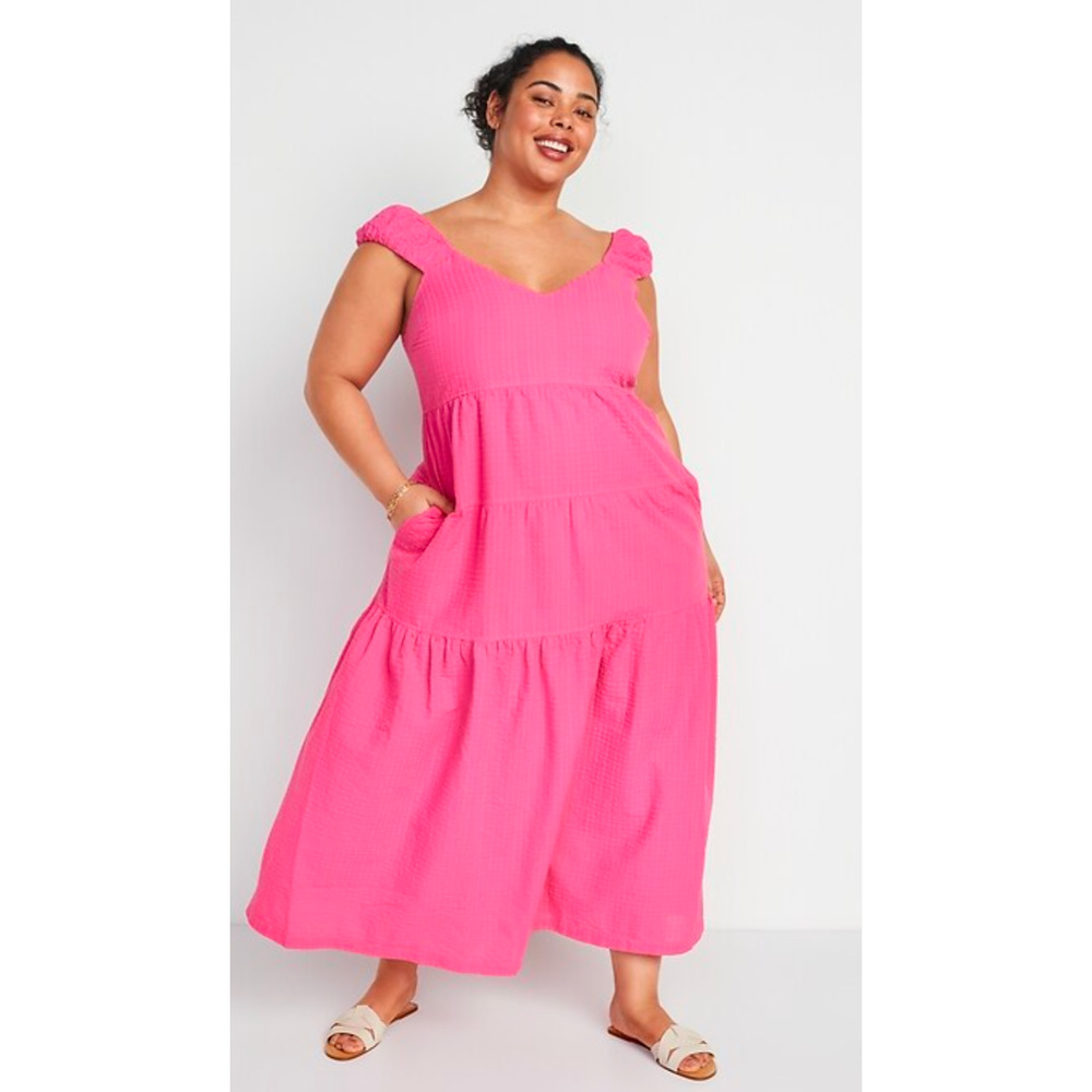 Old Navy Fit & Flare Tiered Maxi Dress L Tall Pink Cotton Cottage Barbiecore